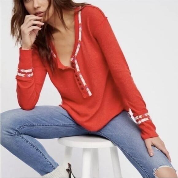 Free People Red Thermal Rainbow Embroidered Thermal Henley Long Sleeve XS - Picture 1 of 11